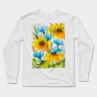 Cornflowers and Rudbeckia Watercolor Painting Long Sleeve T-Shirt